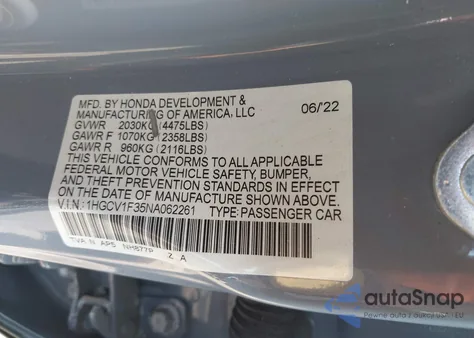 2022 Honda Accord Sport from USA, damaged, VIN 1HGCV1F35NA062261